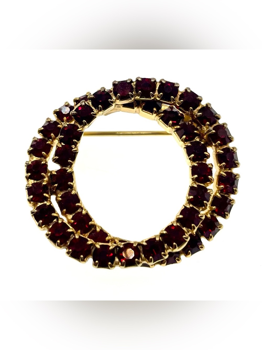 Vintage Garnet Red Double Row Rhinestone Circle Wreath Brooch
Silver Tone MCM
